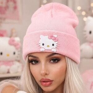 Cap Beanie Pink Lined with White Hello Kitty and Pink Bow